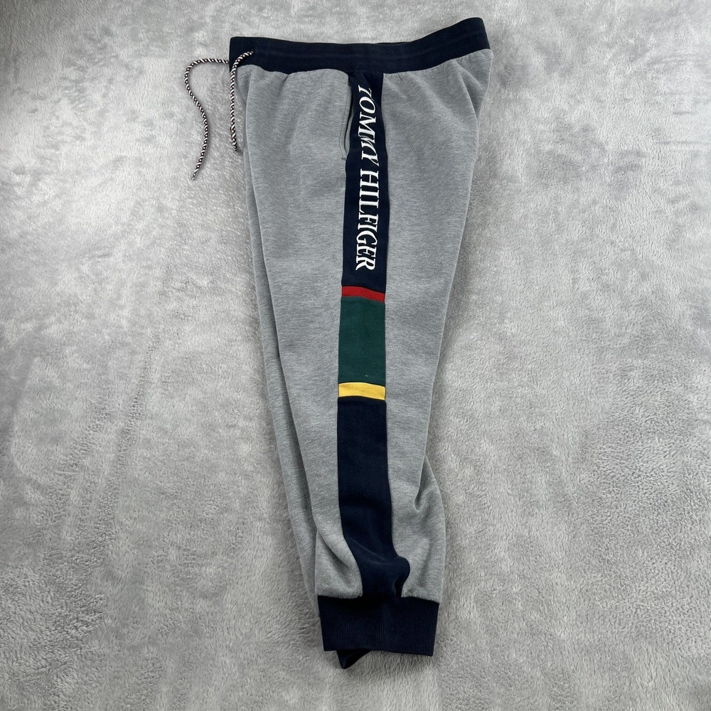 Tommy Hilfiger Colorblock Logo Joggers Mens S Gray Navy Side Stripe Sweatpants